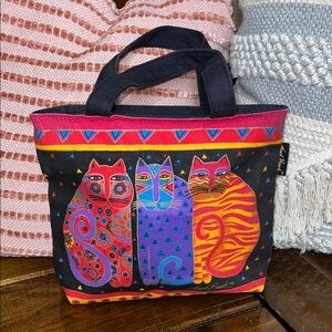 Laurel Burch Multicolor Cat Print Geometric Zippered Canvas Tote